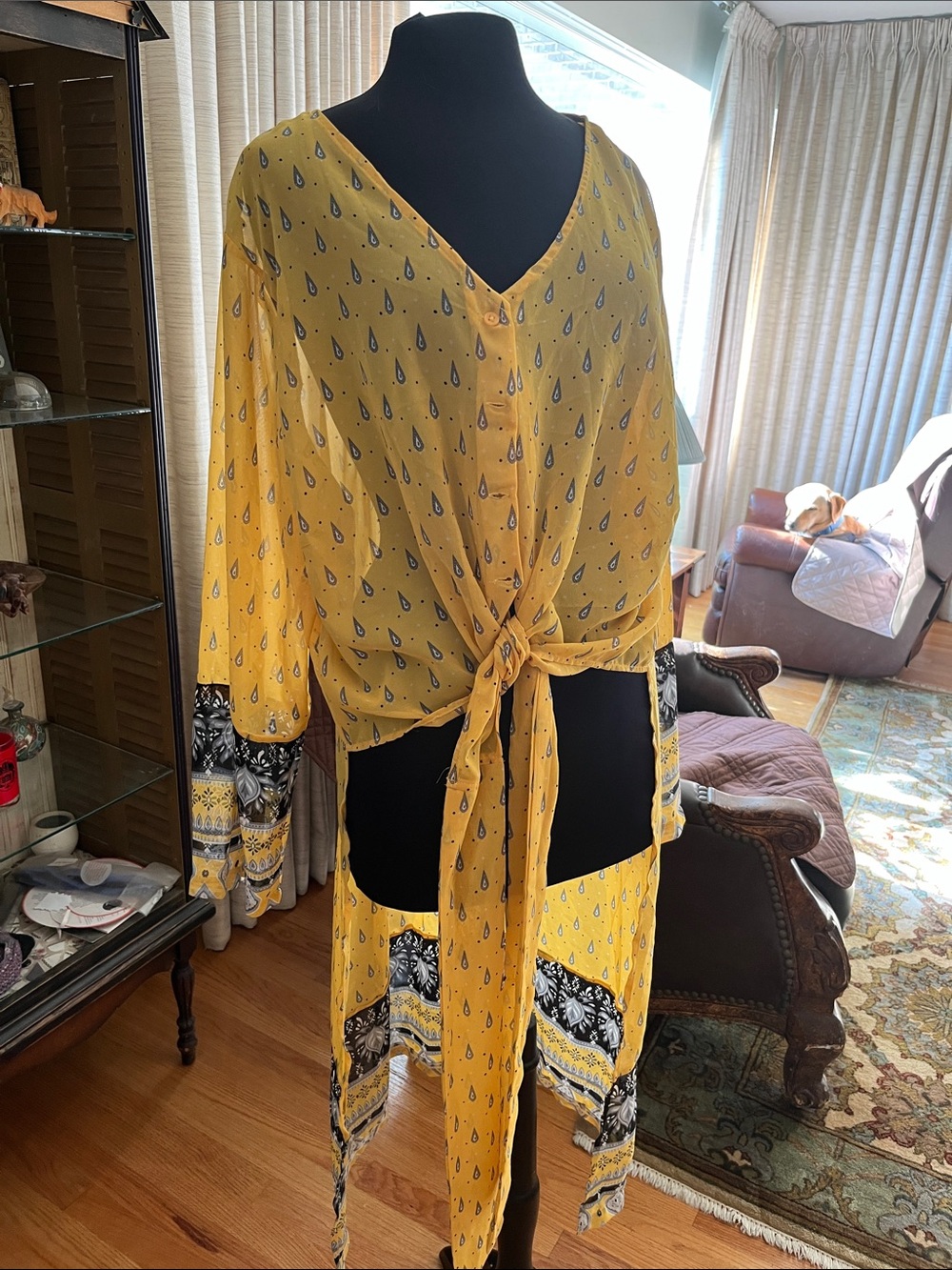 Ashley Stewart Yellow Paisley Tie-Front Duster
